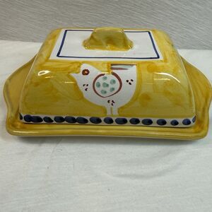 Solimene Ceramic Butter Dish Bird Chicken Rooster Yellow White Blue Vietri Italy